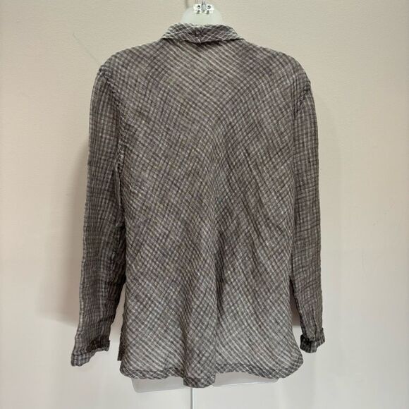 Flax Checkered Linen Long Sleeve Wrap Around Boho Lagenlook Cardigan small tan - Picture 6 of 6